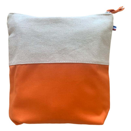 Pochette de toilette upcyclée orange et écru